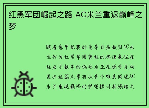 红黑军团崛起之路 AC米兰重返巅峰之梦